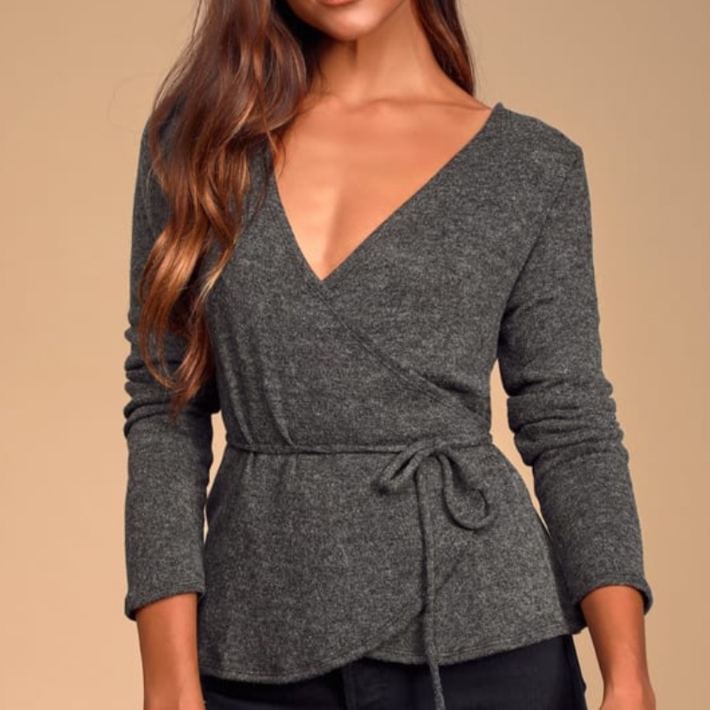 Lulus Charcoal Grey Knit Wrap Sweater Top